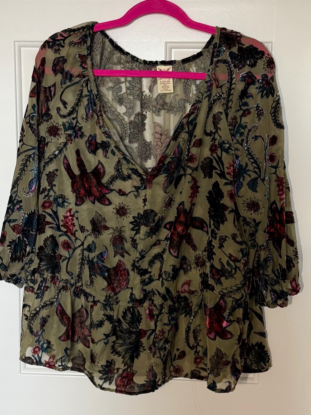 Olive Velvet Floral Peasant Blouse